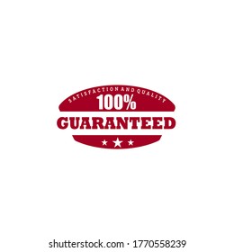 Red 100% satisfaction and quality guaranteed label in in oval round frame with stars and bold letters vector illustration isolated on white background