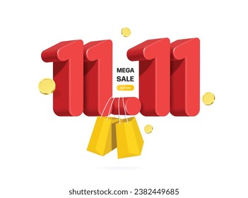 red 11.11 3d numbers float in middle position and there was yellow paper shopping bag hanging from it for designing mega sale campaign promotions, vector 3d isolated for advertising promotion sale