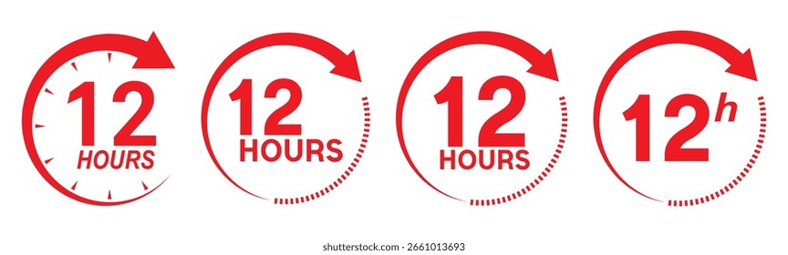 Ícone vermelho de serviço de 12 horas. Sinal de duração do serviço de 12 horas. Ícone vermelho de 12 horas ou meio dia com seta circular. Símbolo de entrega de remessa. Gráfico de ícone de relógio de entrega de doze horas. Seta de horas.