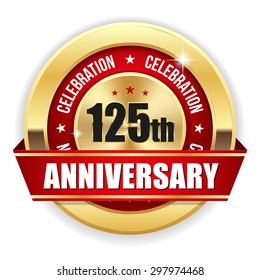 Red 125th anniversary badge with gold border and ribbon on white background