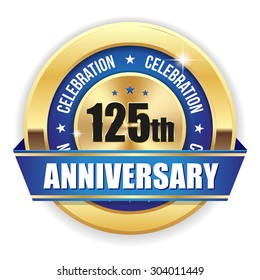 Red 125th anniversary badge with gold border and ribbon on white background