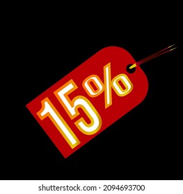 Red 15% discount tag on black background. sale, label, deal, discount, vector and  15 percent illustration. Mega discount promotions