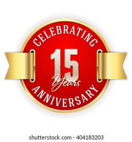 Red 15 years anniversary badge with gold border and ribbon