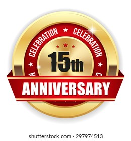 Red 15th anniversary badge with gold border and ribbon on white background