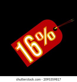 Red 16% discount tag on black background. sale, label, deal, discount, vector and 16 percent illustration. Mega discount promotions