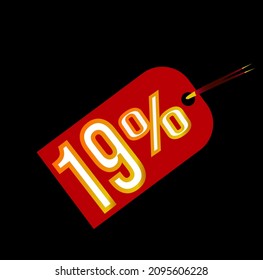 Red 19% discount tag on black background. sale, label, deal, discount, vector and 19 percent illustration. Mega discount promotions