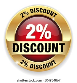 Red 2 percent discount button, badge with gold border on white background