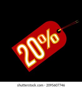 Red 20% discount tag on black background. sale, label, deal, discount, vector and 20 percent illustration. Mega discount promotions