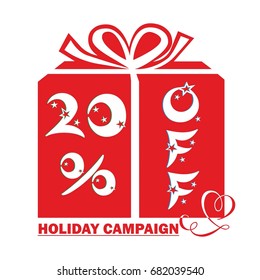 Red 20% off sale banner on vector gift box for holiday campaign decorated with stars and decorative heart