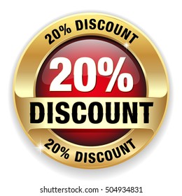 Red 20 percent discount button, badge with gold border on white background