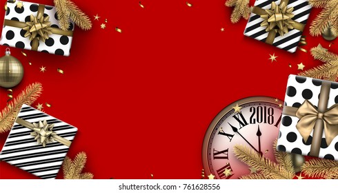 Red 2018 Christmas background with gifts and clock. Vector top view illustration.