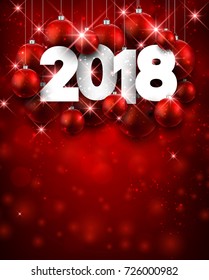 Red 2018 New Year background with Christmas balls. Vector illustration.