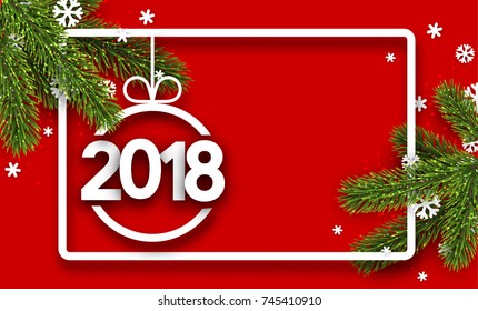 Roter Hintergrund 2018 Neujahr mit Tannenzweigen. Vektorgrafik.
