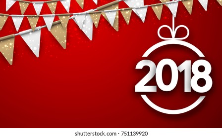 Red 2018 New Year background with golden flags. Vector paper illustration.