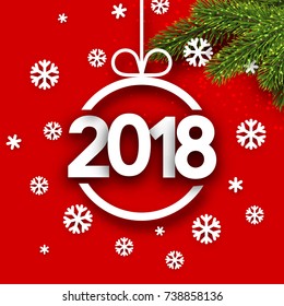 Tarjeta roja de Año Nuevo 2018 con copos de nieve blancos. Ilustración vectorial.