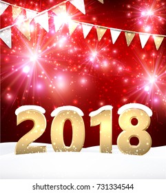 Red 2018 New Year shining background with flags. Vector illustration.