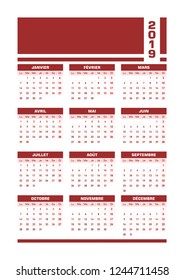 Red 2019 French calendar. Vector illustration with blank space for your contents. All elements sorted and grouped in layers for easy edition. Printable portrait version