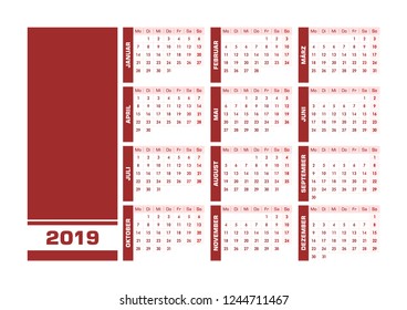 Red 2019 German calendar. Vector illustration with blank space for your contents. All elements sorted and grouped in layers for easy edition. Printable landscape version