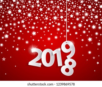 Red 2019 greeting card concept with paper cuted white numbers on silver star fall background. Change year concept. Happy New Year and Merry Christmas. Vector illustration