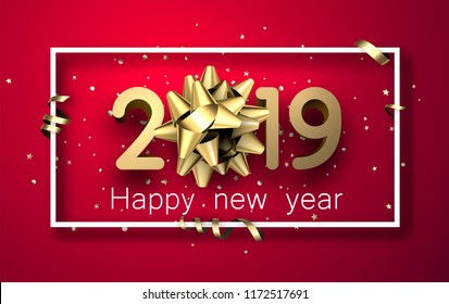 Red 2019 happy New Year background with white frame, beautiful gold bow, confetti and serpentine. Christmas greeting card or poster. Vector illustration.