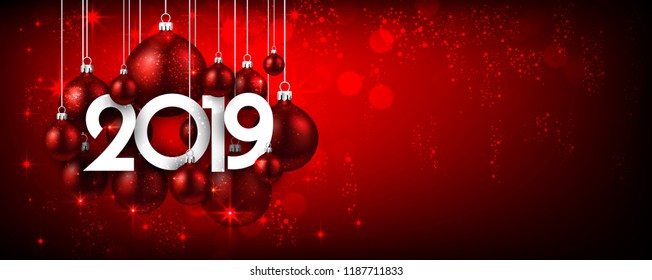 Red 2019 new year banner with Christmas balls. Festive shiny decoration. Vector illustration.