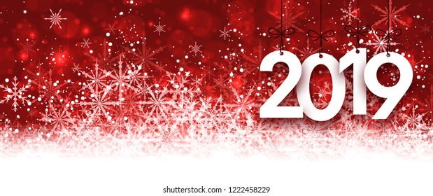 Banner rojo de Año Nuevo 2019 con hermosos copos de nieve. Fondo vectorial.