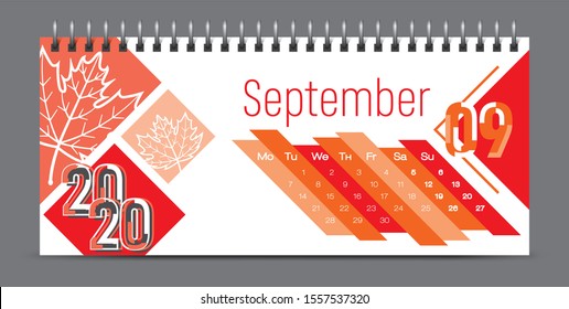 Red 2020 calendar design, typography, illustration. September.