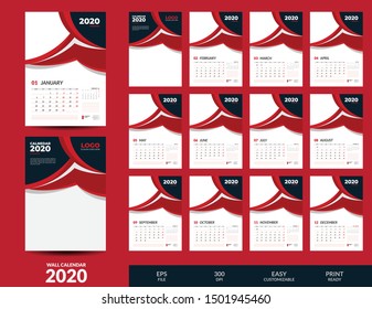 Red 2020 wall calendar template design