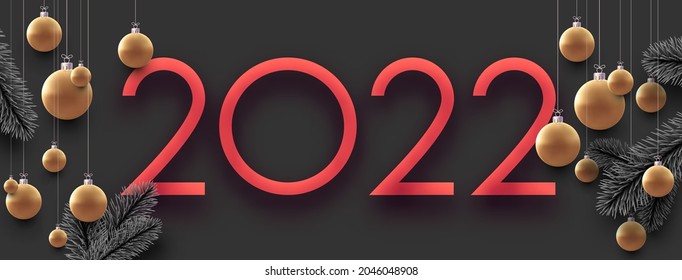 Red 2022 sign with golden hanging Christmas bauble. Spruce branches. Vector festive illustration.
