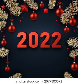 Red 2022 sign in square frame. Spruce branches and red baubles and stars. Happy New Year. Vector holiday illustration.