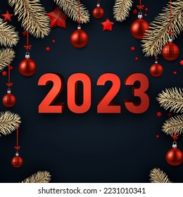 Red 2023 sign with fir branches, red stars and baubles on black background.