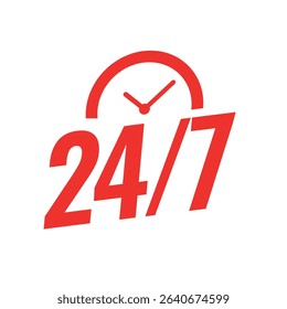 Red 24 7 service icon with clock symbol on white background indicating round-the-clock availability