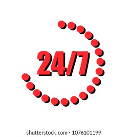 Red 24/7 black silhouette on white background, flat design, vector