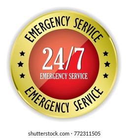 Red 24/7 Emergency service badge with gold border on white background.vector illustration