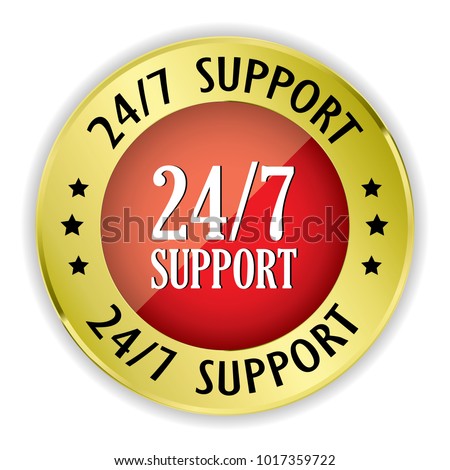 Red 24/7 support badge with gold border on white background.vector illustration