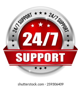 Red 24/7 support badge with ribbon and silver border on white background