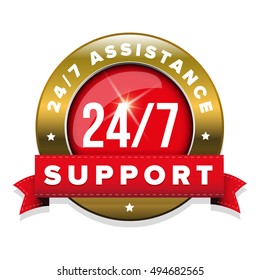Red 24/7 support badge with ribbon and gold border