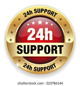 Red 24h support badge with gold border on white background