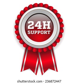Red 24h support badge with ribbon on white background