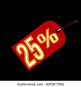 Red 25% discount tag on black background. sale, label, deal, discount, vector and 25 percent illustration. Mega discount promotions