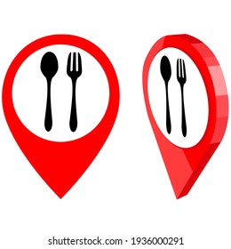 
Red 2D and 3D realistic map pointer vector. Food and drink pin. The symbol for the location of the food and drink.