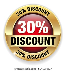 Red 30 percent discount button, badge with gold border on white background