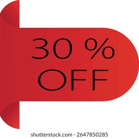 Red 30 percent off sale tag graphic for promotional advertising, discount campaigns, and shopping events. Ideal for ecommerce, marketing banners, or seasonal deals. Vector style for easy use.