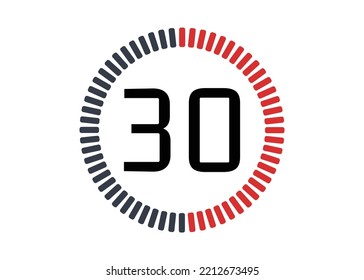 Icono de reloj de tiempo rojo de 30 segundos y contador de tiempo