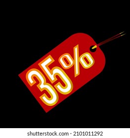 Red 35% discount tag on black background. sale, label, deal, discount, vector and 35 percent illustration. Mega discount promotions