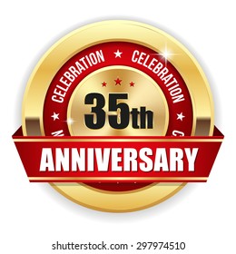 Red 35th anniversary badge with gold border and ribbon on white background