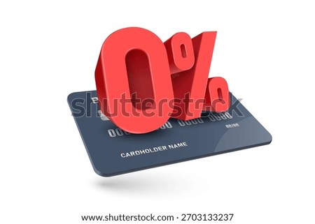 Red 3D 0% number placed on a black-blue credit card or debit card in perspective view for promotional advertising design Free Fee, Free Interest, vector 3d isolated on white background for design