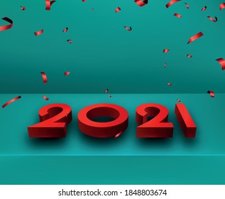 Red 3d 2021 sign lying on blue background surface. Falling red brilliant ribbon confetti. Some space for your text. Vector festive illustration.