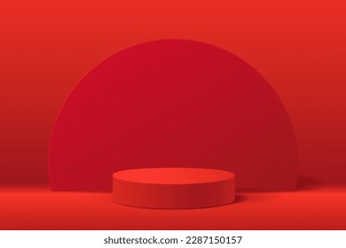 Rotes 3D-Abstraktes Minimalbild für die Produktpräsentation, schwarzes Zylinderpodium für das Display und die Umkreisform dahinter, Vektorgrafik