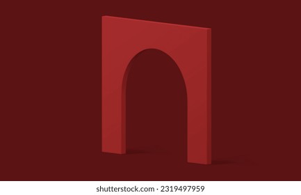 Roter 3D-Bogenbogenbogenbogenbogenförmiger vertikaler Bogenblock für die Darstellung realistische Vektorgrafik. Arch Basis geometrische Ausstellung Gate isometrische Plattform minimale Dekoration